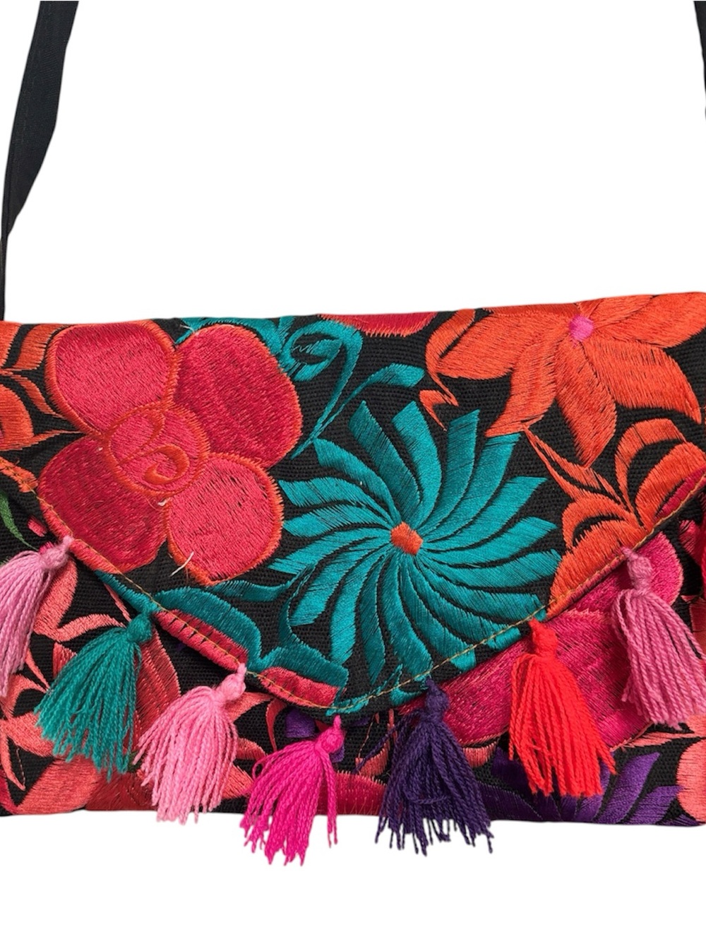 Mexican Embroidered Clutch Crossbody Bag With Tassels Handmade Colorful Oaxaca - Picture 5 of 5